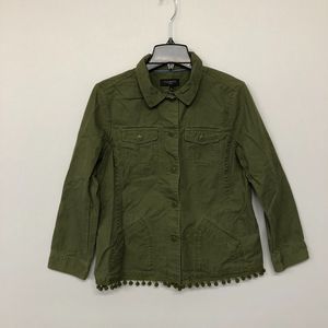 Talbots Women Pom Pom Twill Jacket Size Large Petite LP Olive Green M070 -22